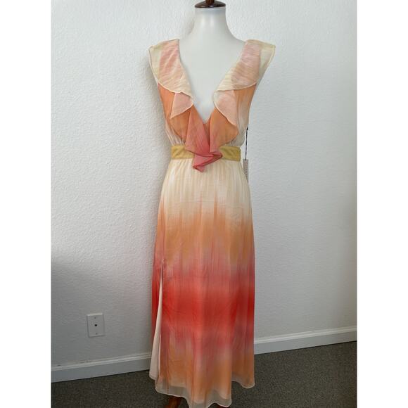 Flynn Skye Tank Dress Mid Side Slit Plunge Ruffled Ombre - Picture 1 of 12